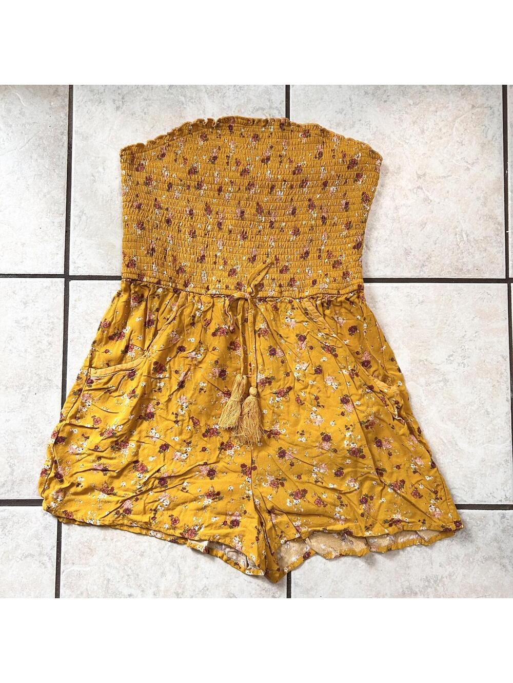 Xhilaration Mustard Smocked Floral Strapless Romper One Piece Women's Medium